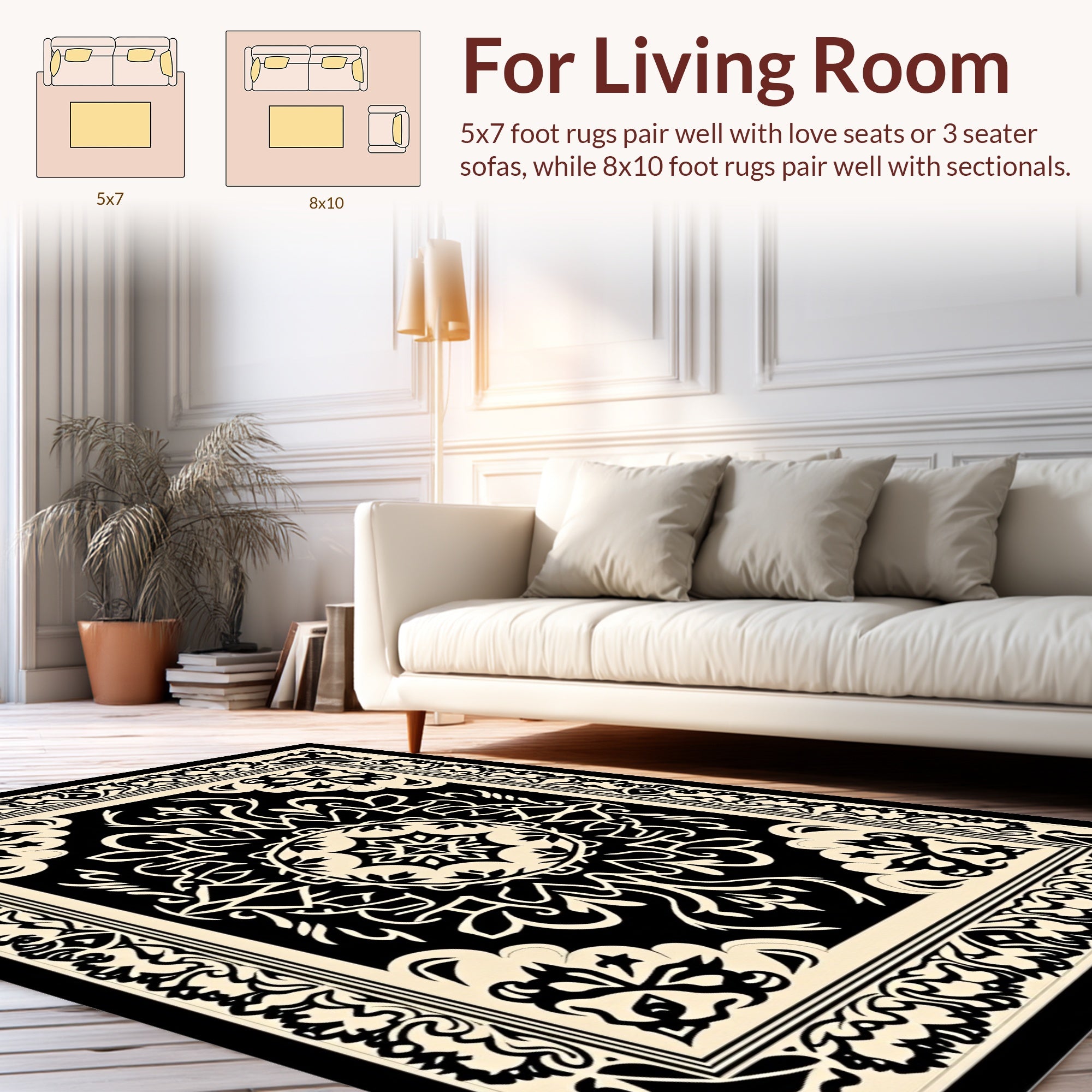 Classic Black Beige Floral Rug