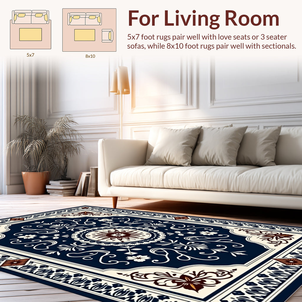 Intricate Dark Blue Floral Medallion Rug