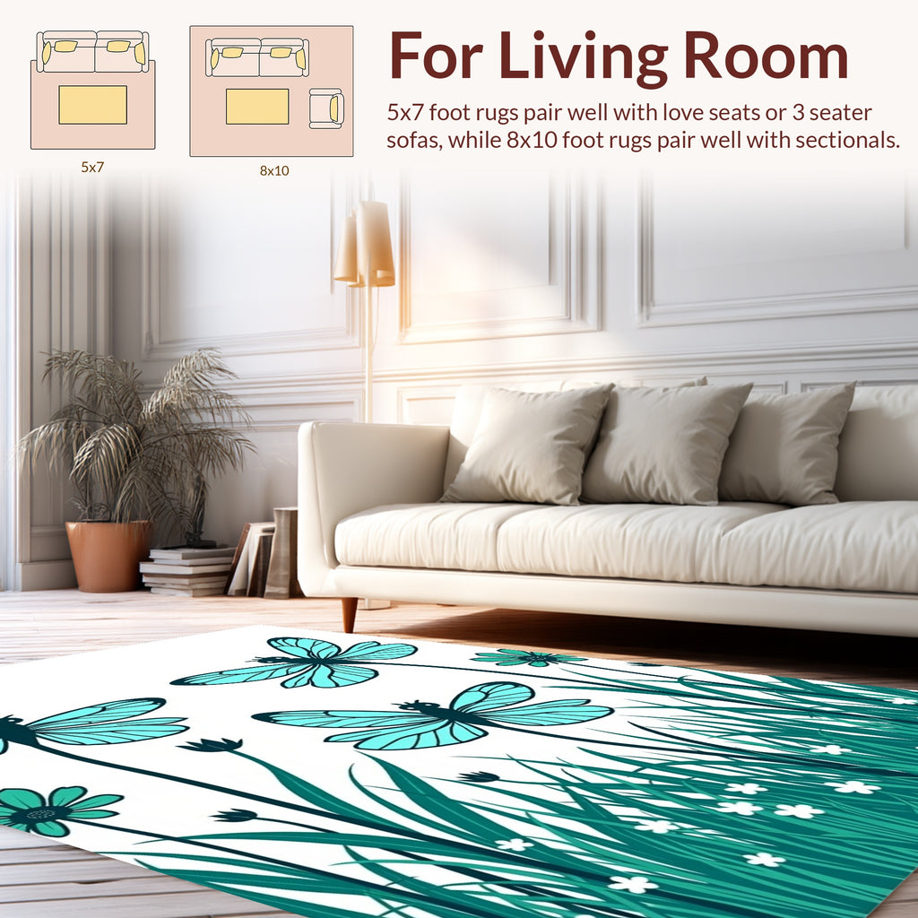 Aqua Dragonflies and Garden Whimsy Rug