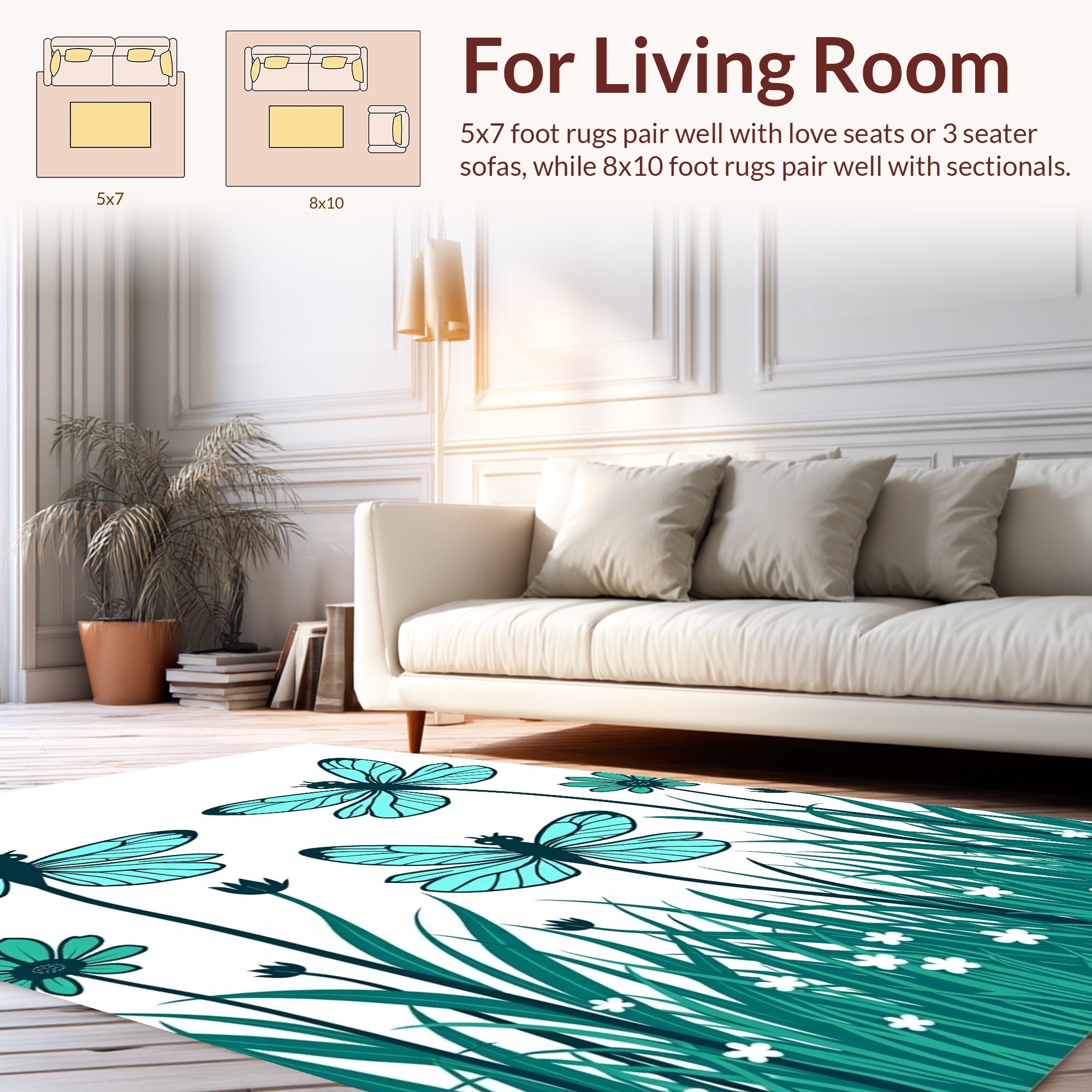 Aqua Dragonflies and Garden Whimsy Rug