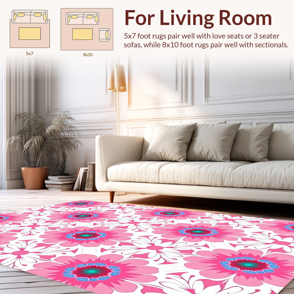 Pink Floral Pattern With Blue Accents Rug