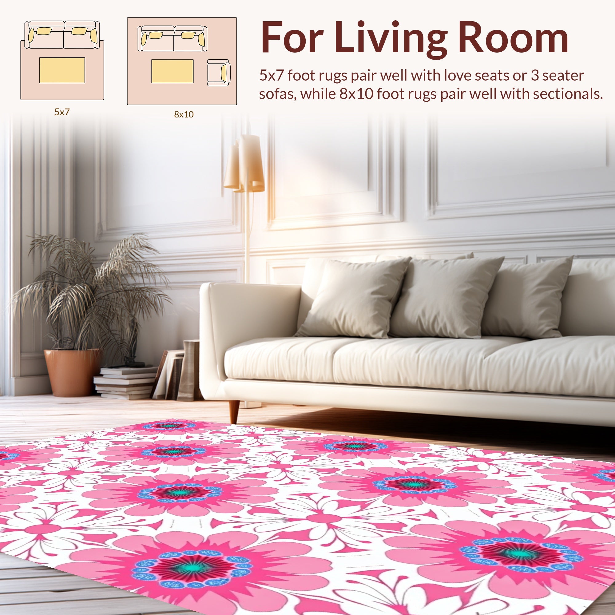 Pink Floral Pattern With Blue Accents Rug