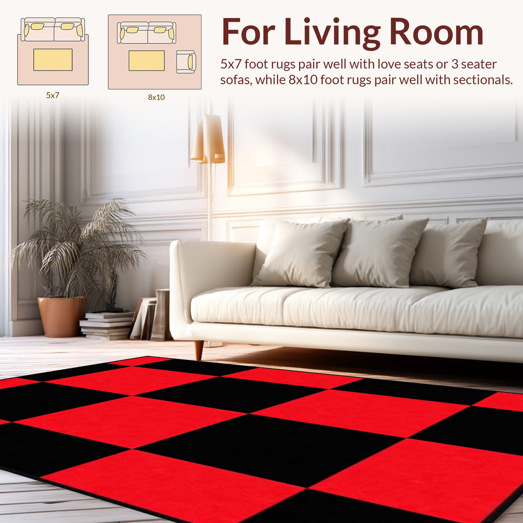 Bold Red Black Checkerboard Pattern Rug