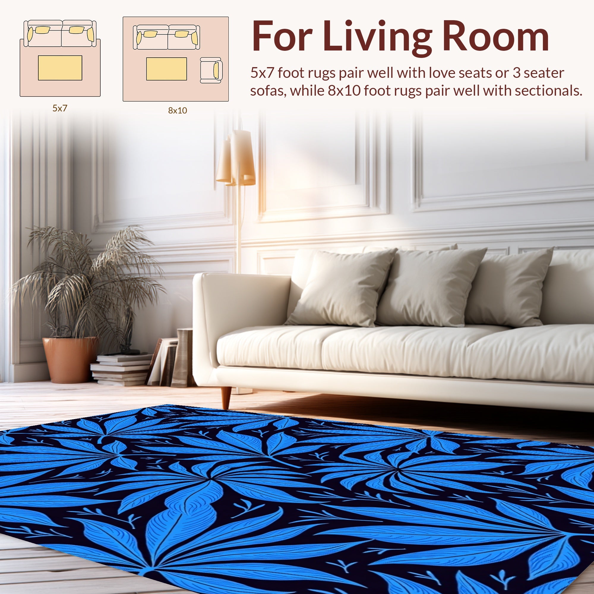 Bold Blue Leafy Pattern Rug