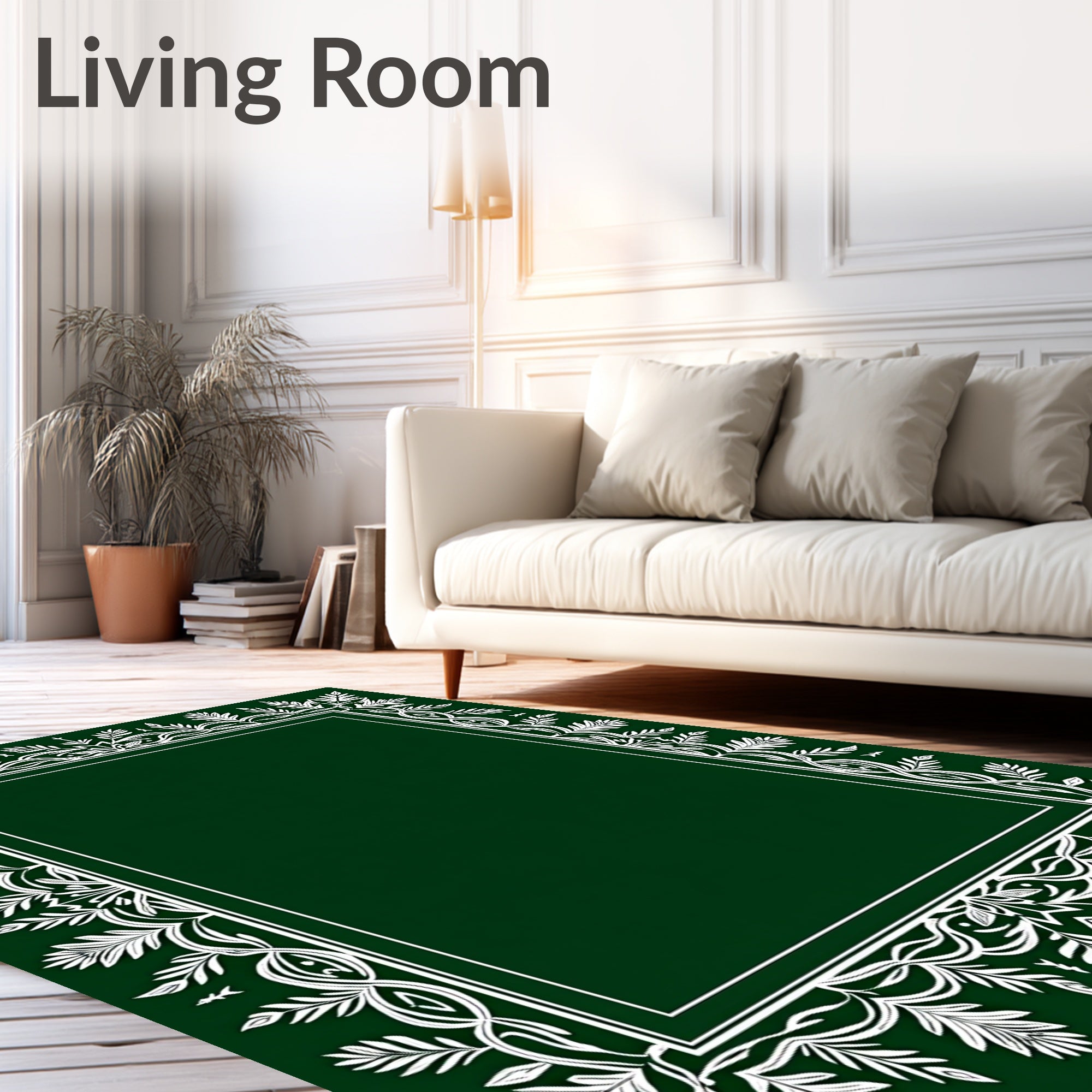 Emerald White Leaf Vine Border Rug