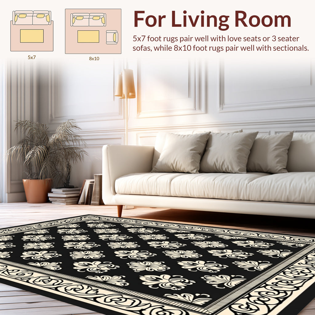 Damask Floral Scrolling Border Pattern Rug
