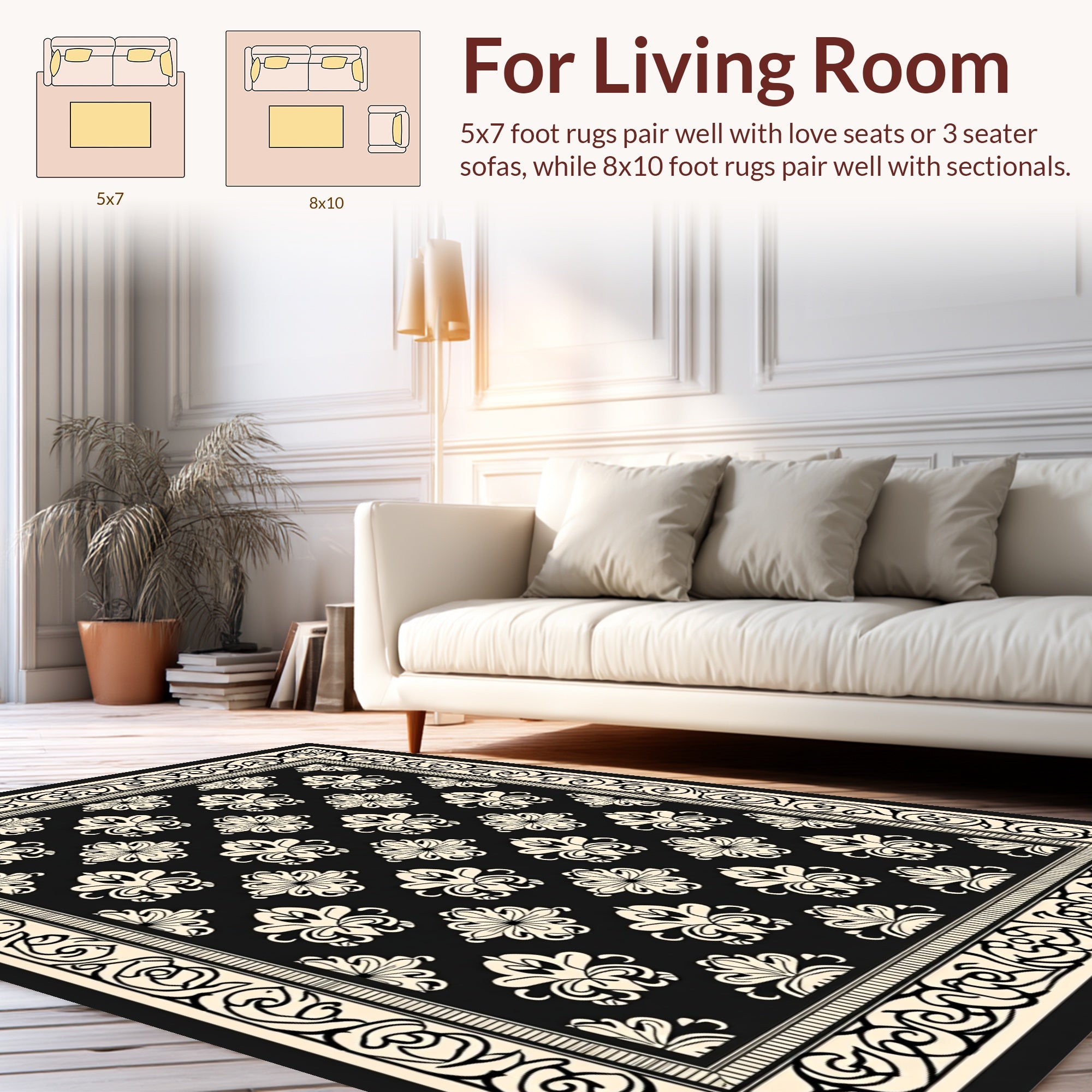 Damask Floral Scrolling Border Pattern Rug