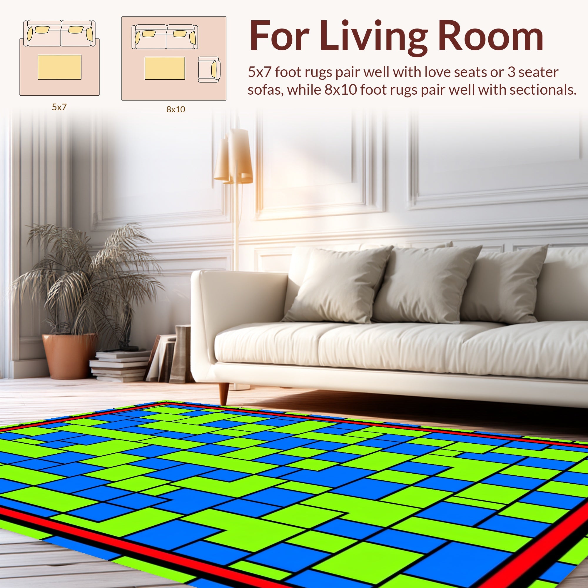 Vibrant Blue Green Rectangular Grid Rug