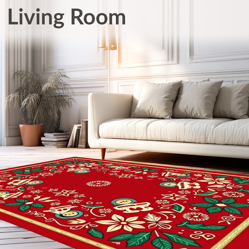 Red Christmas Poinsettia Snowman Border Rug
