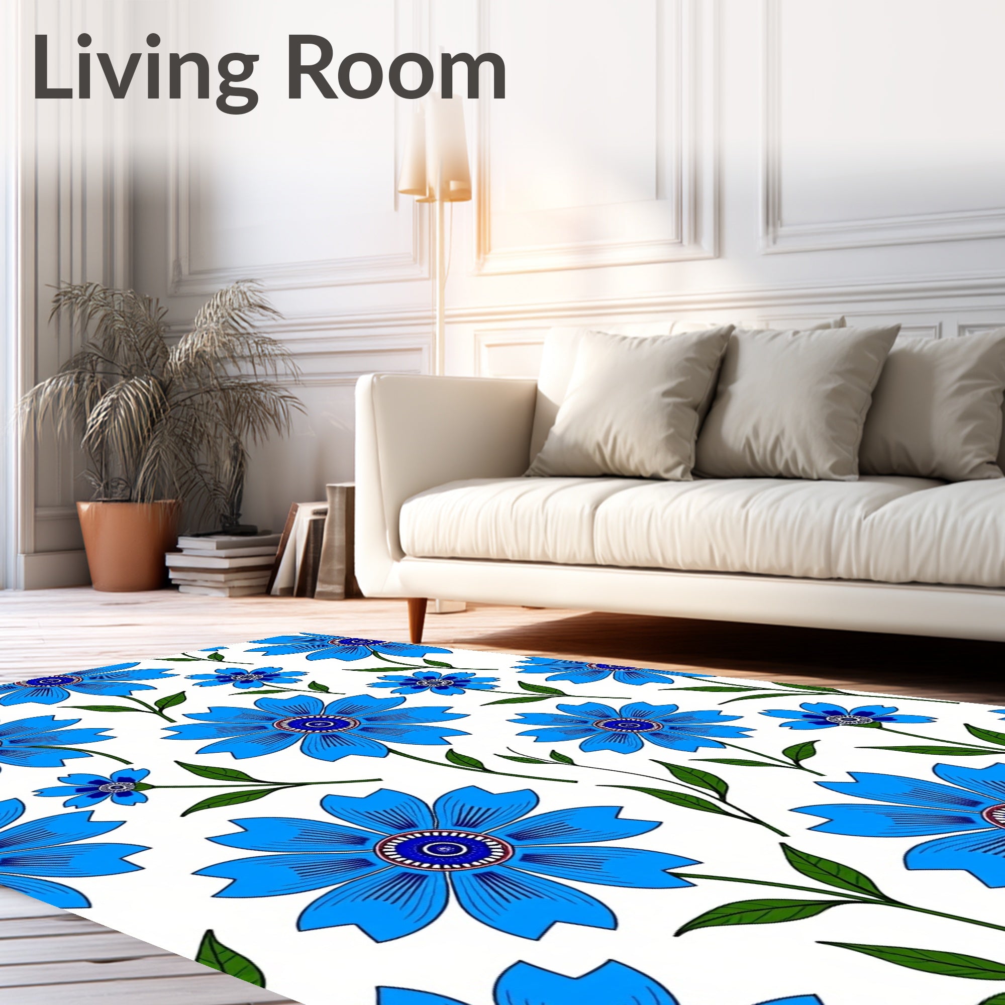 Bright Blue Daisy Floral Tile Rug