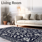 Dark Blue White Floral Mandala Border Rug