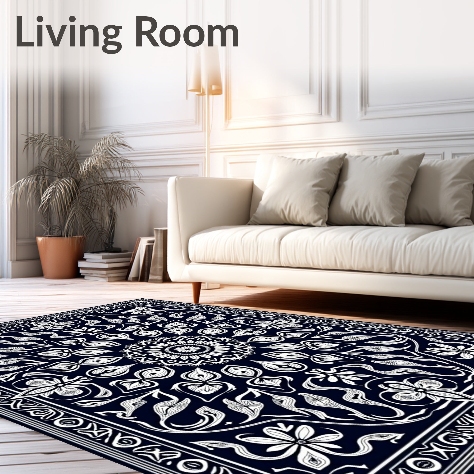 Dark Blue White Floral Mandala Border Rug