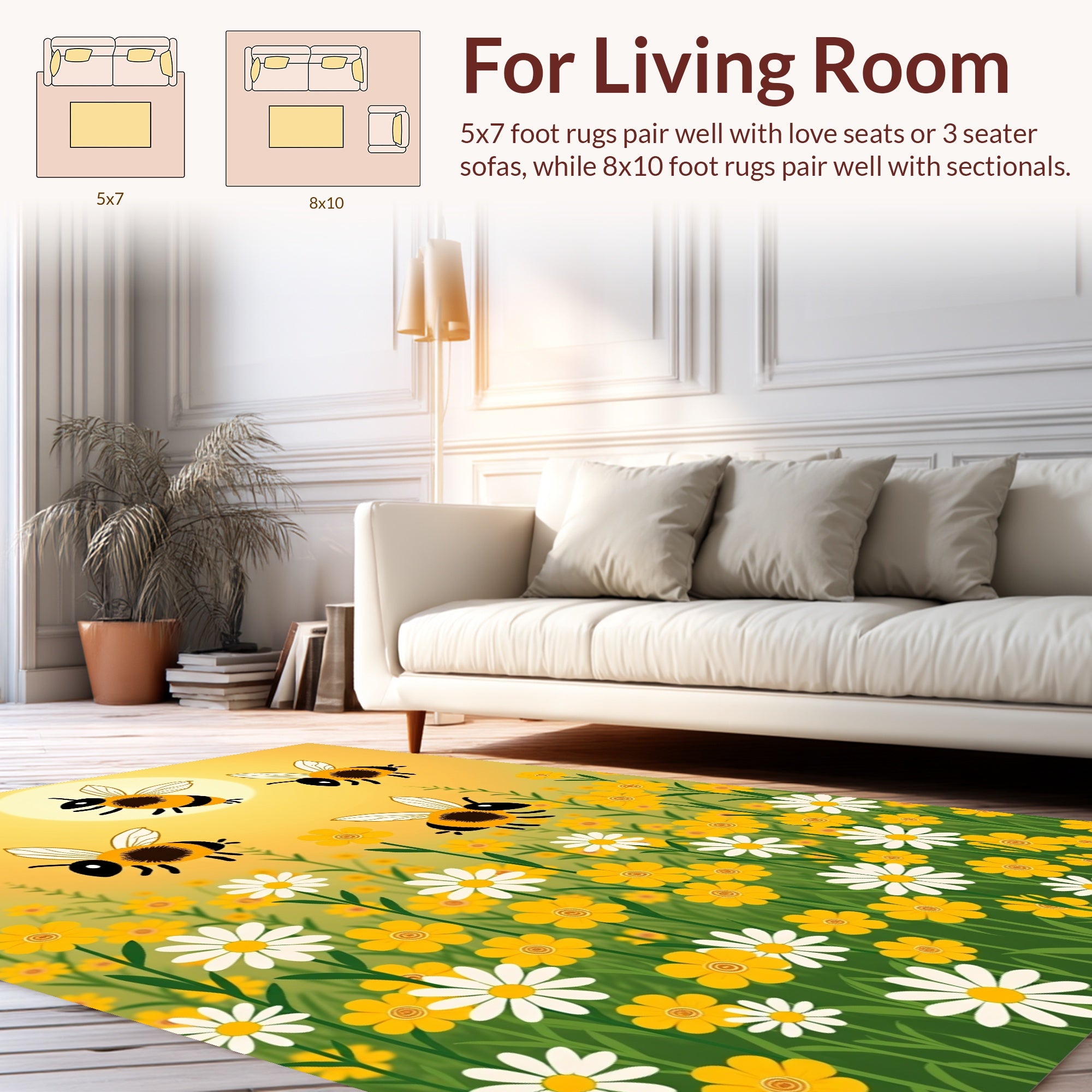 Whimsical Bees and Daisies Pattern Rug