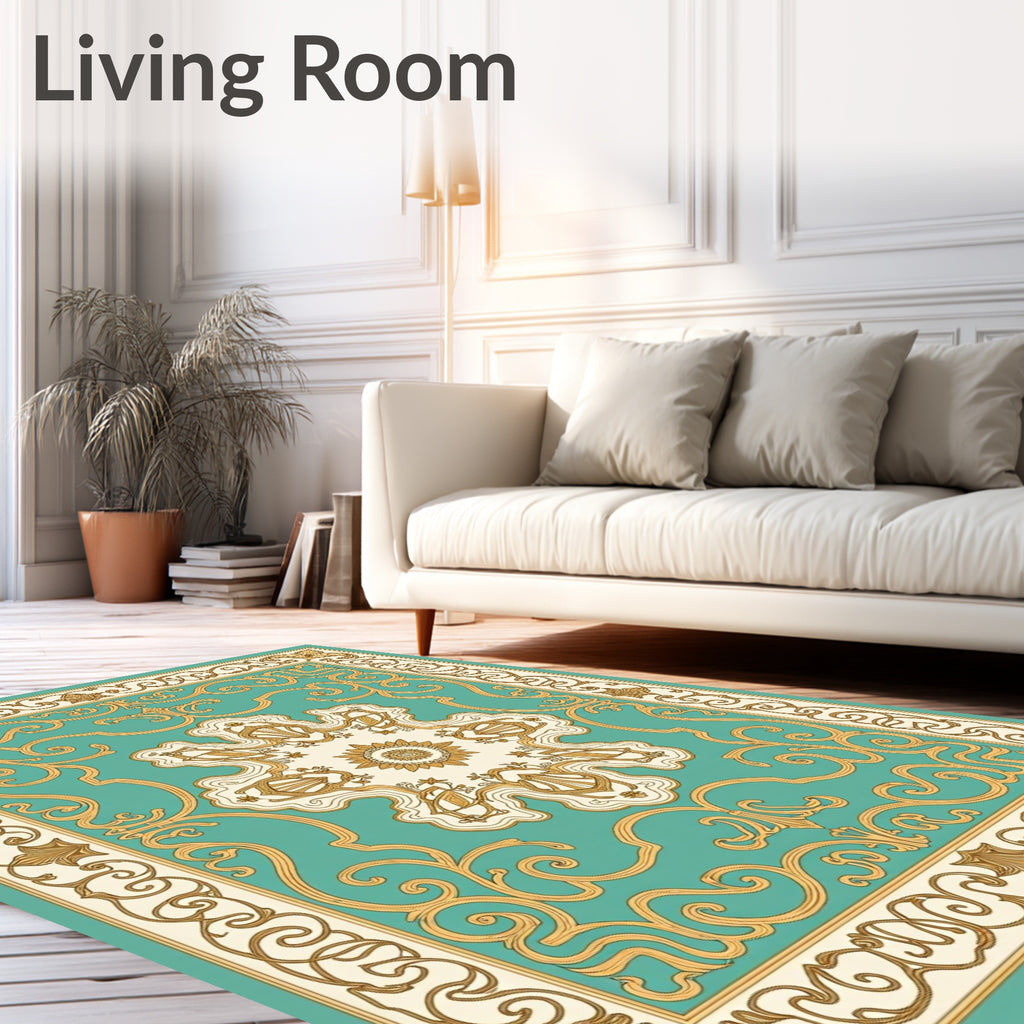 Elegant Gold Aqua Floral Medallion Pattern Rug