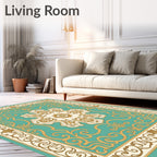 Elegant Gold Aqua Floral Medallion Pattern Rug