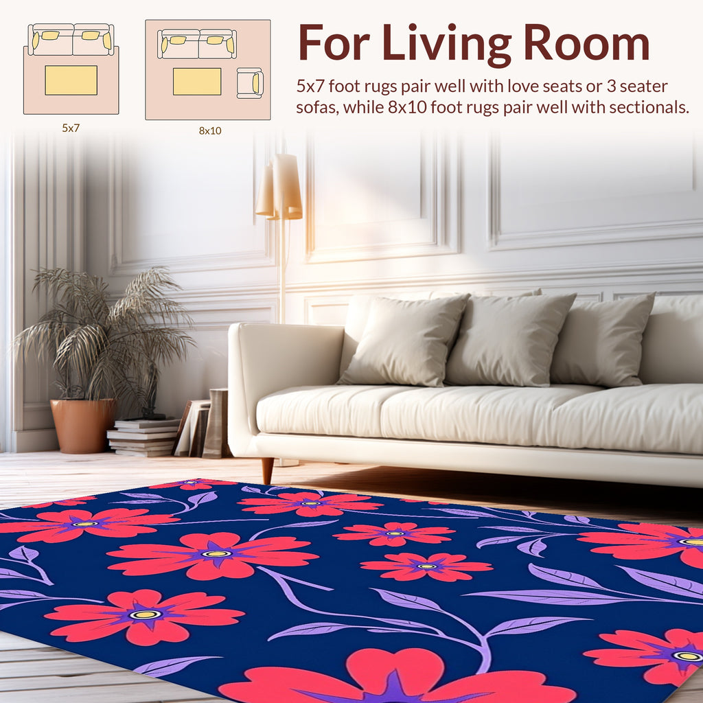Vibrant Red Flower Navy Floral Rug