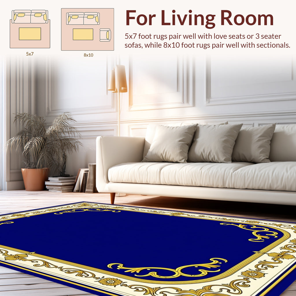 Gold Floral Scrollwork Blue Center Rug