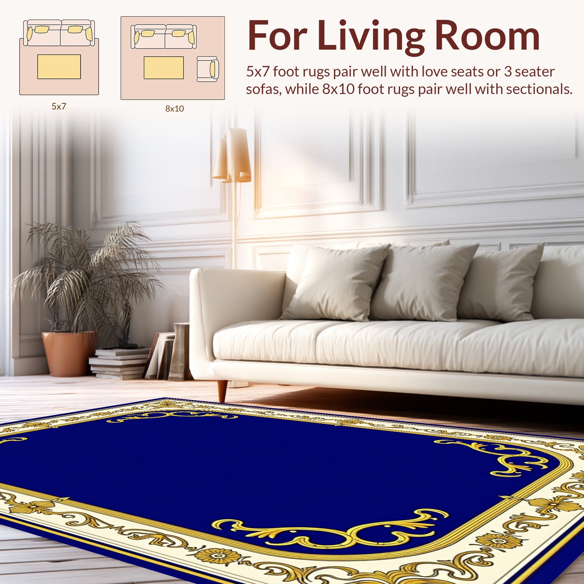Gold Floral Scrollwork Blue Center Rug
