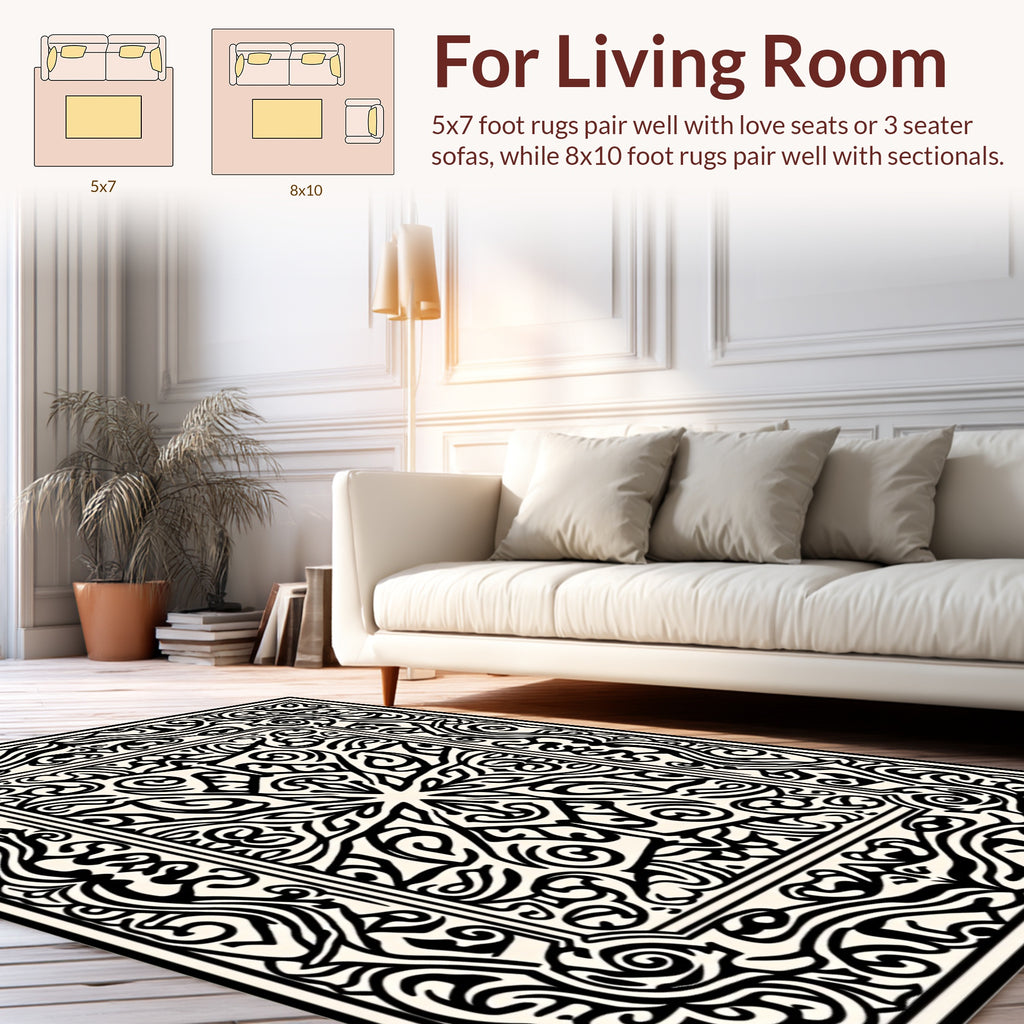 Black Traditional Elaborate Scrollwork Pattern Rug