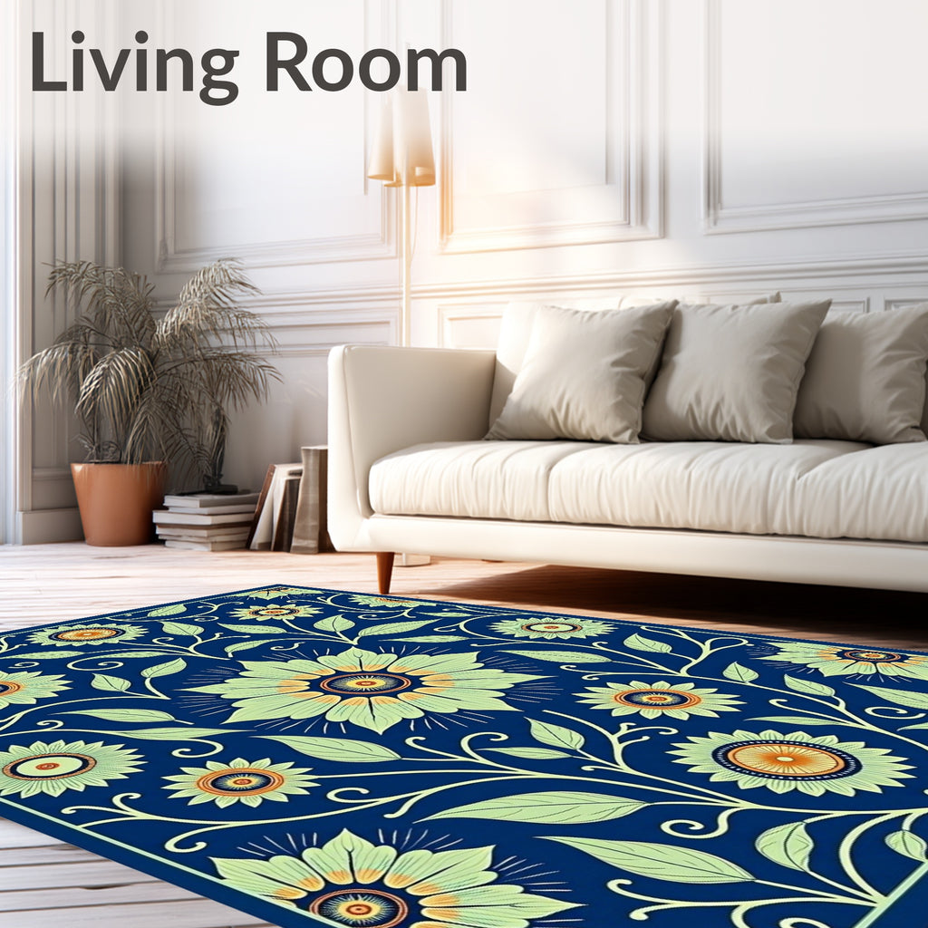 Deep Blue Floral Vine Accents Rug