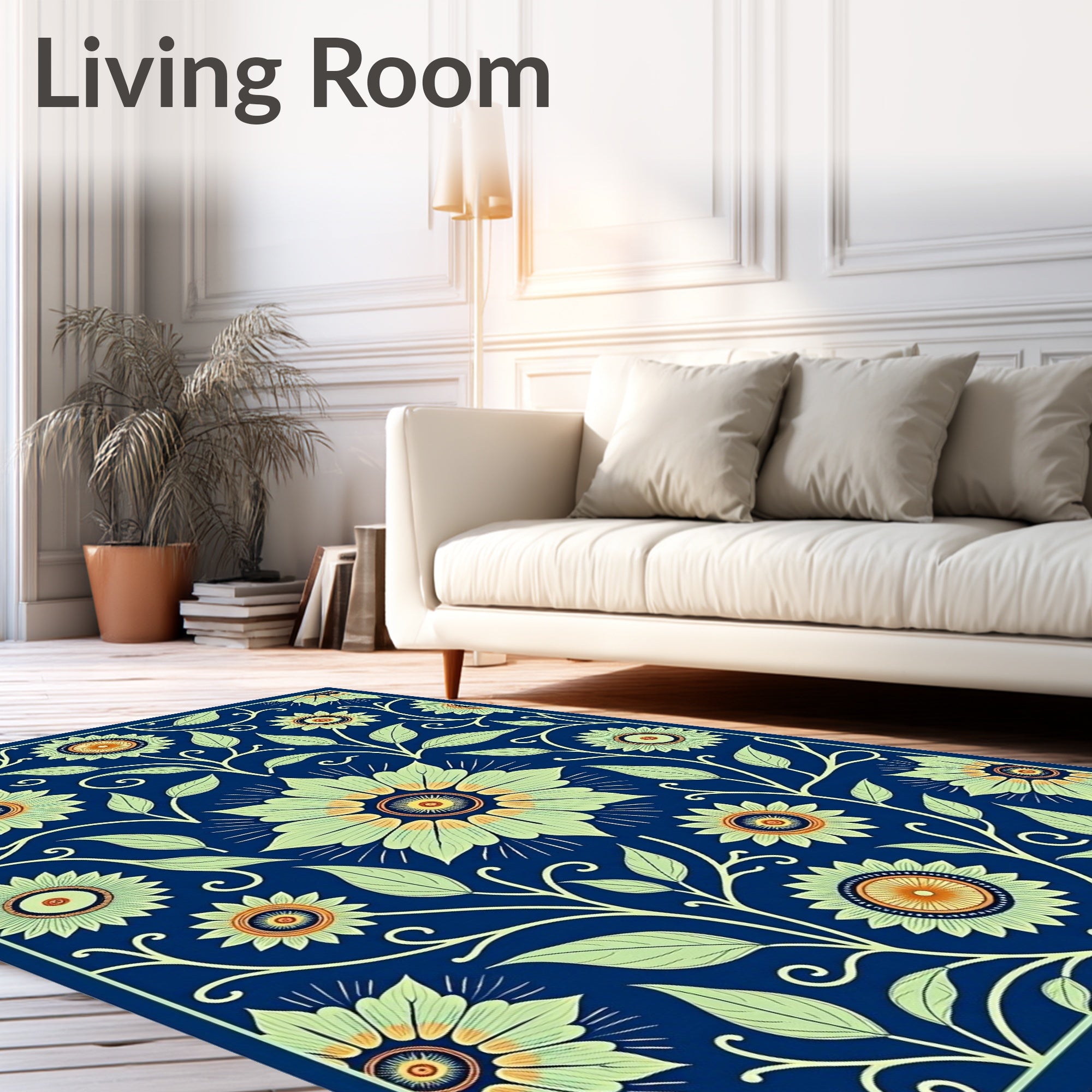 Deep Blue Floral Vine Accents Rug