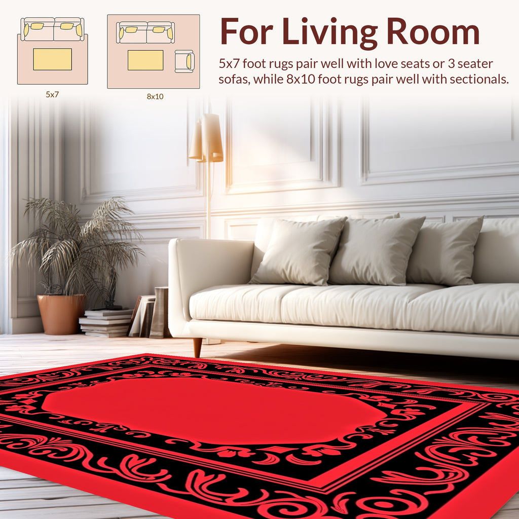 Ornate Red Black Floral Border Design Rug