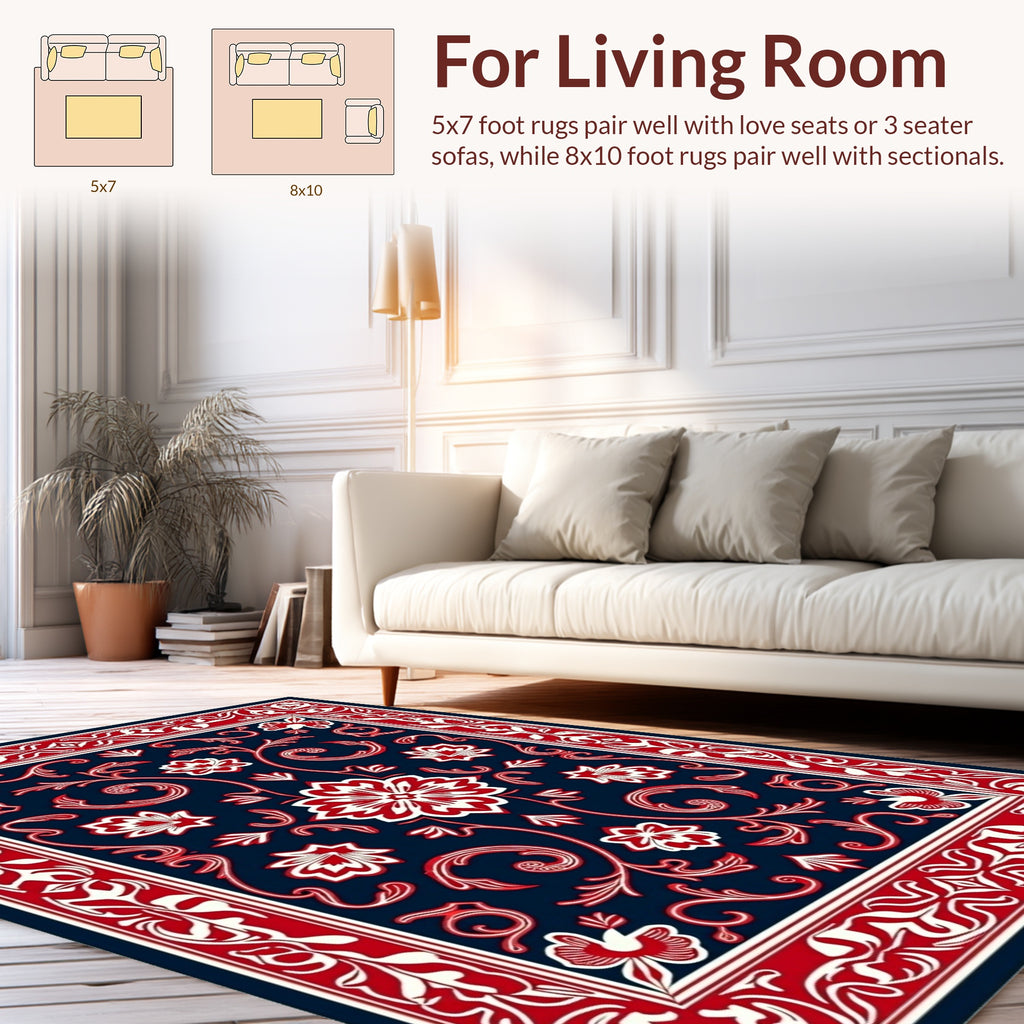 Rich Red White Floral Scroll Rug