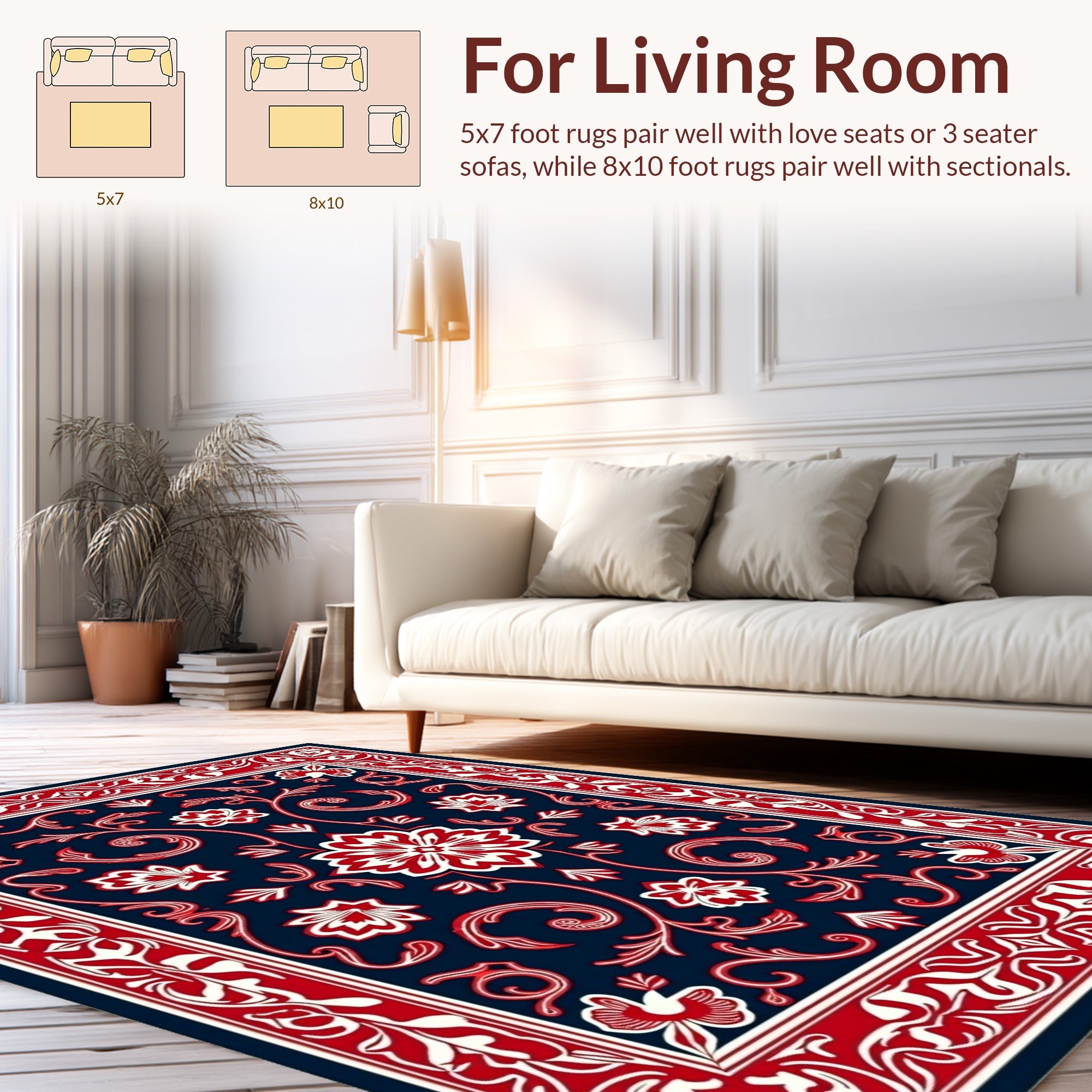 Rich Red White Floral Scroll Rug