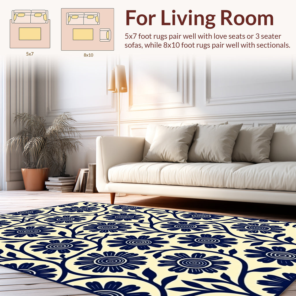 Classic Navy Floral Vine Pattern Rug