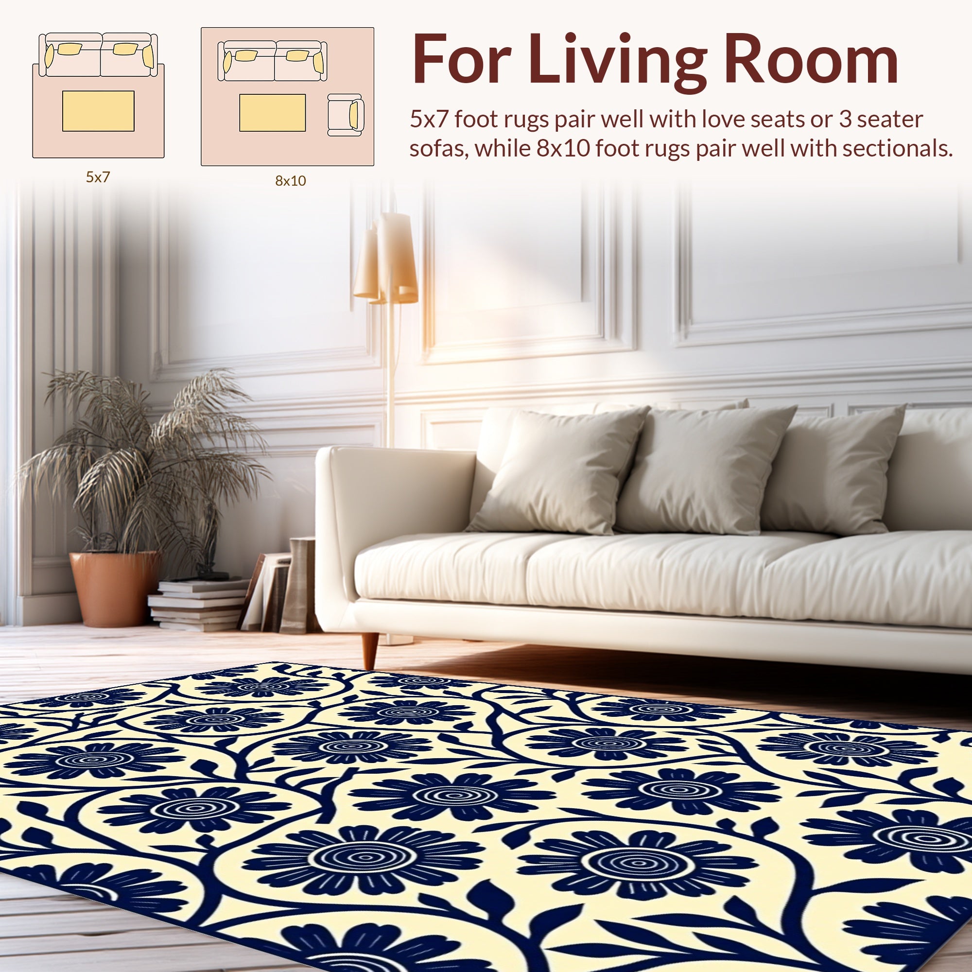 Classic Navy Floral Vine Pattern Rug