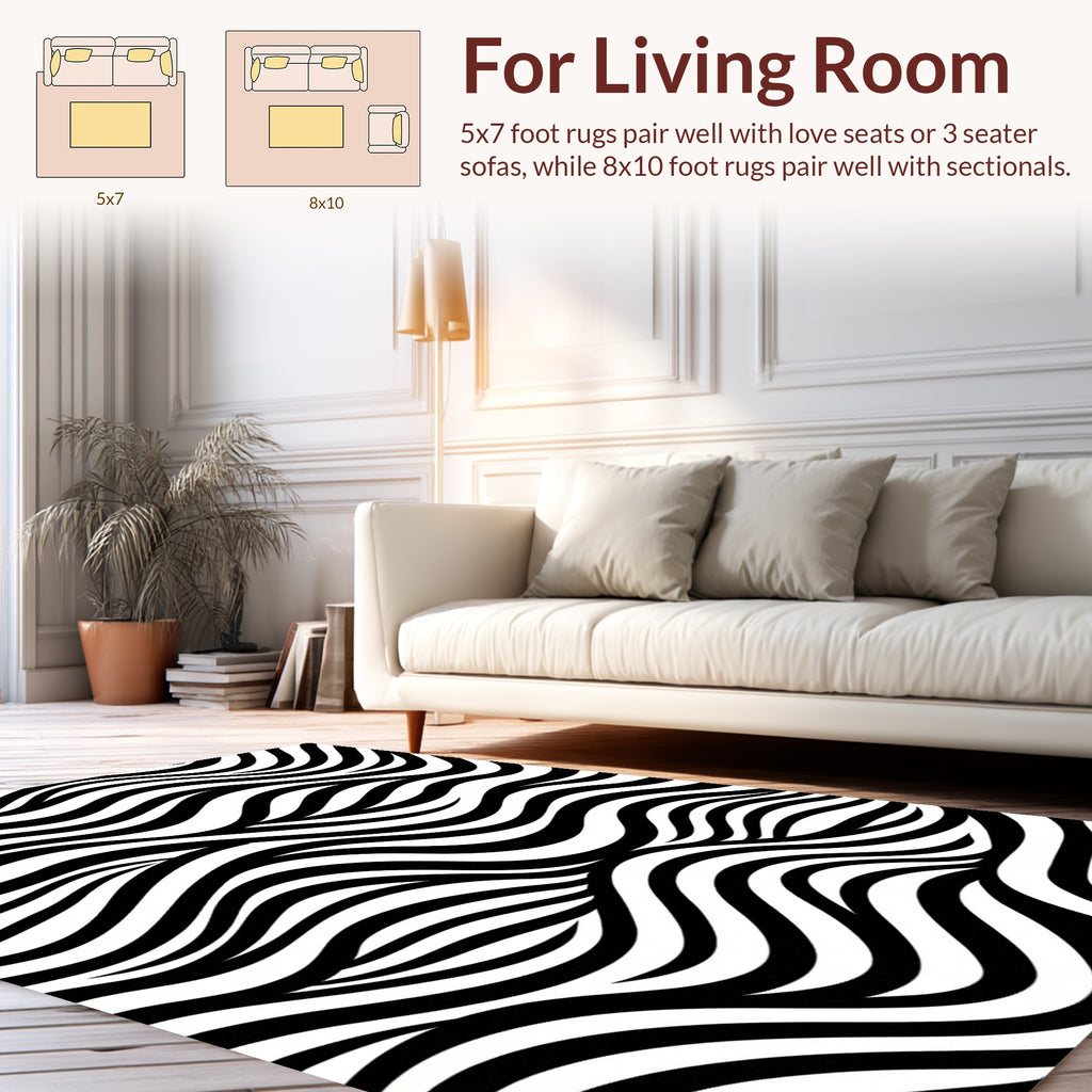 Bold Black White Wavy Pattern Rug