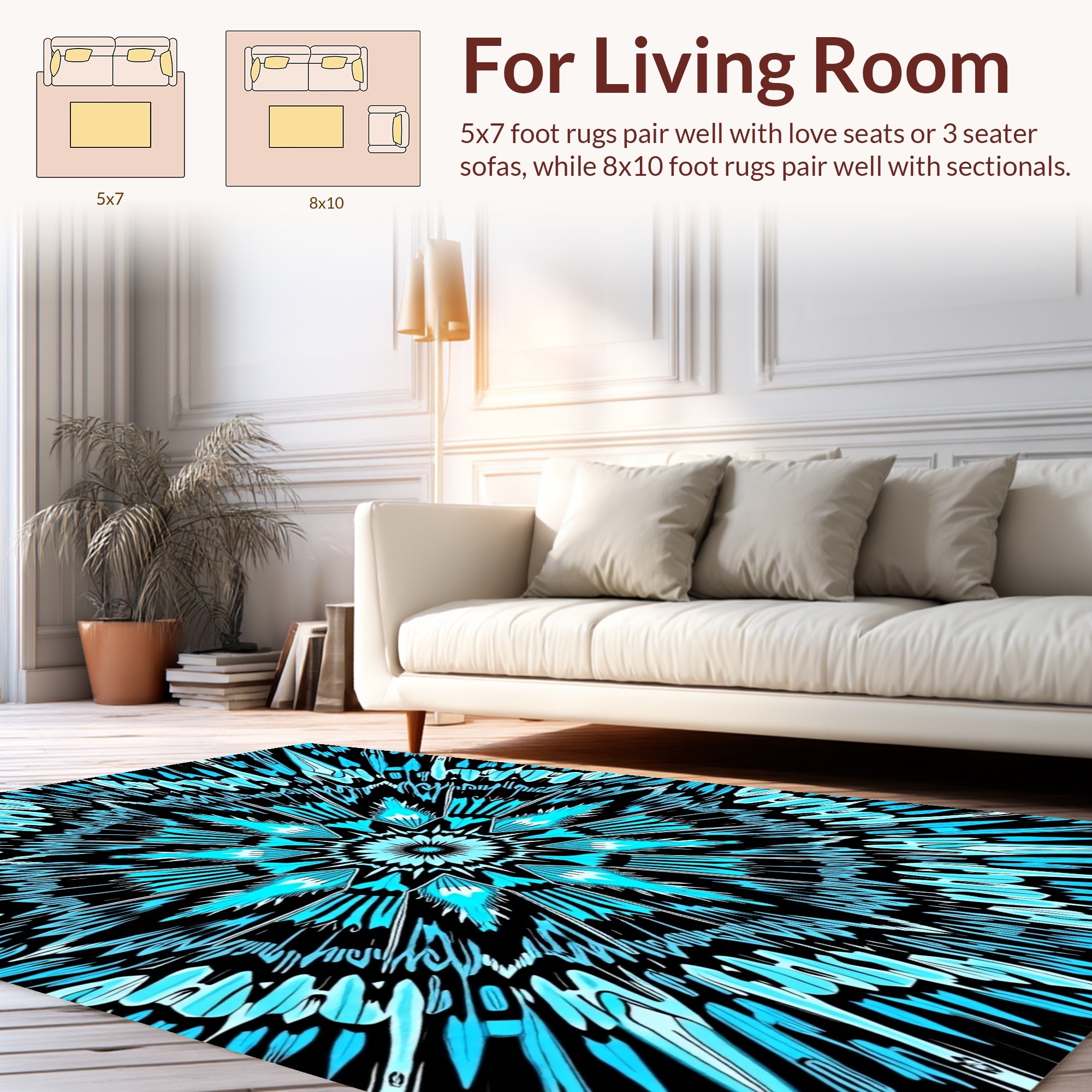 Cyan Sunburst Radial Pattern Rug