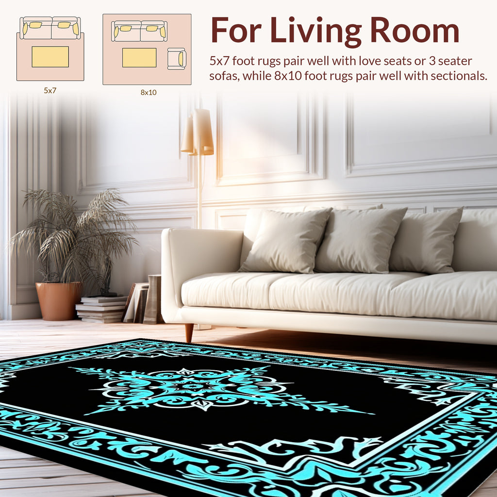 Ornate Teal With Black Floral Pattern Rug