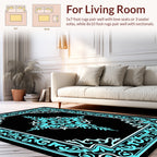 Ornate Teal With Black Floral Pattern Rug