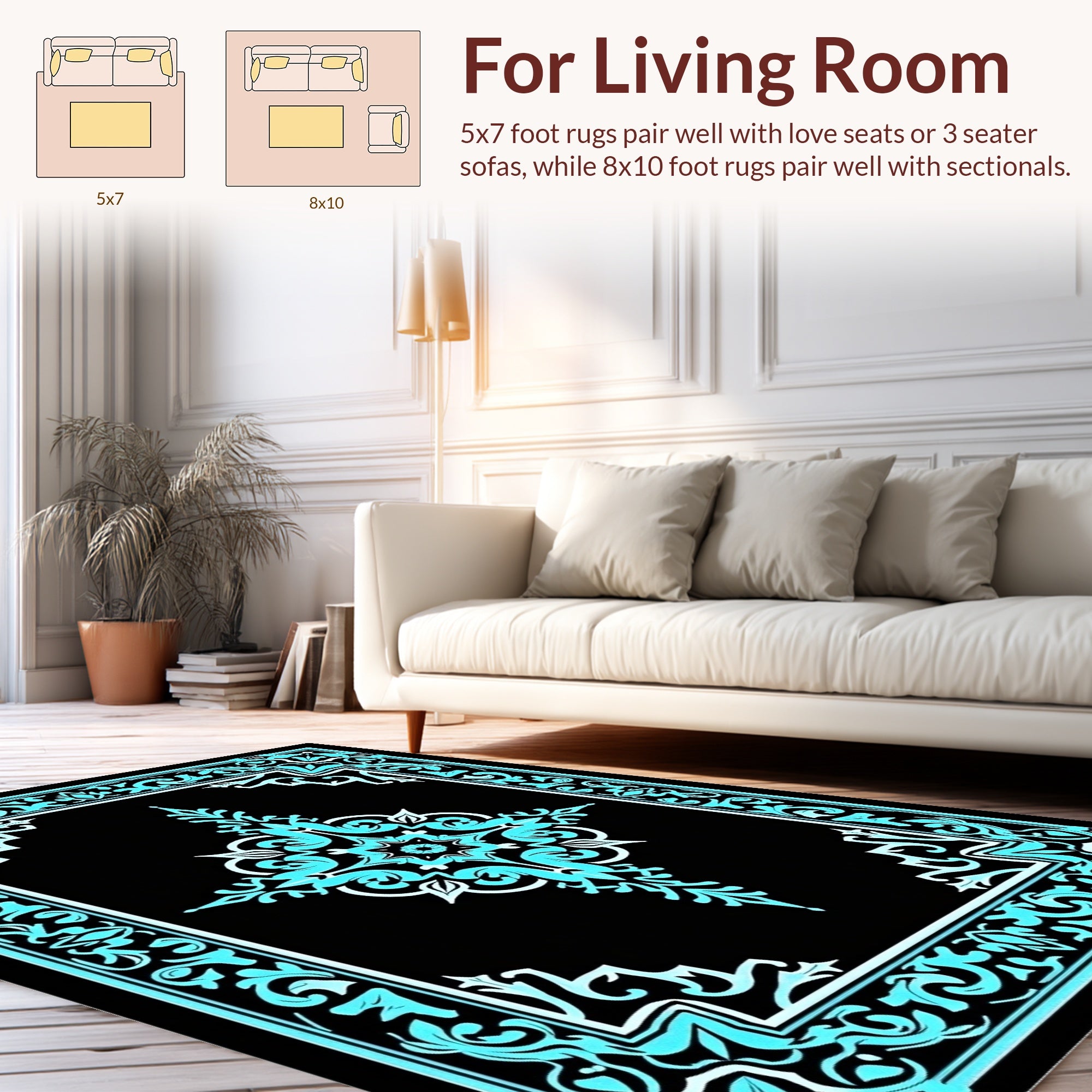 Ornate Teal With Black Floral Pattern Rug