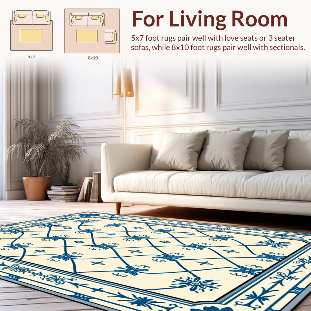 Blue Floral Lattice Border Design Rug