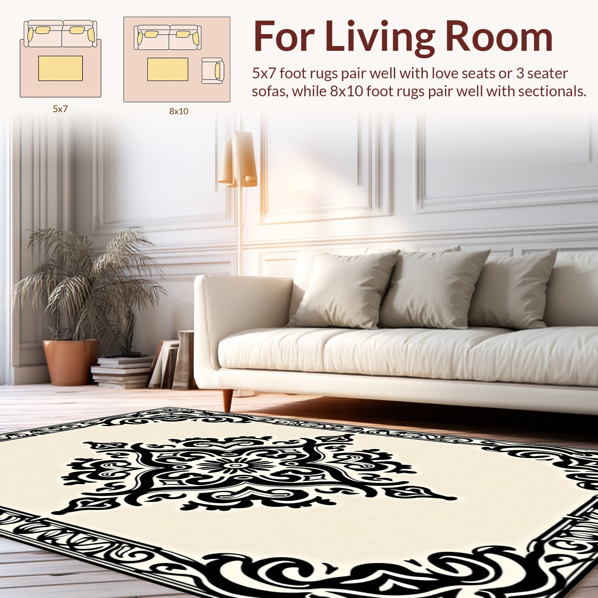 Black Damask Floral Ornate Design Rug