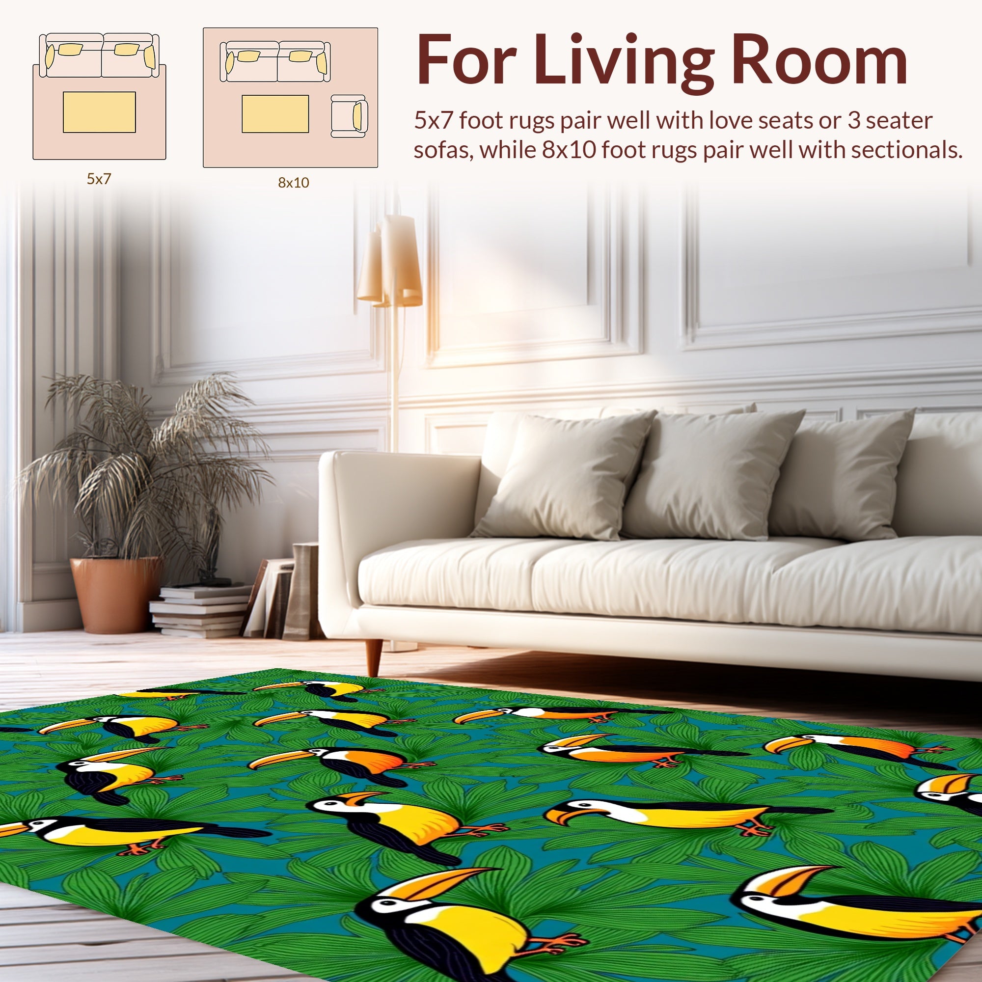 Tropical Toucan And Leaf Pattern Rug