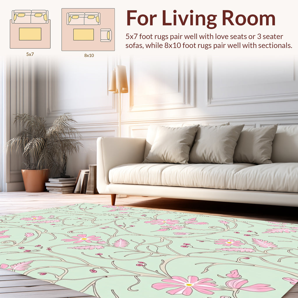 Whimsical Pink Flower Vine Pattern Rug