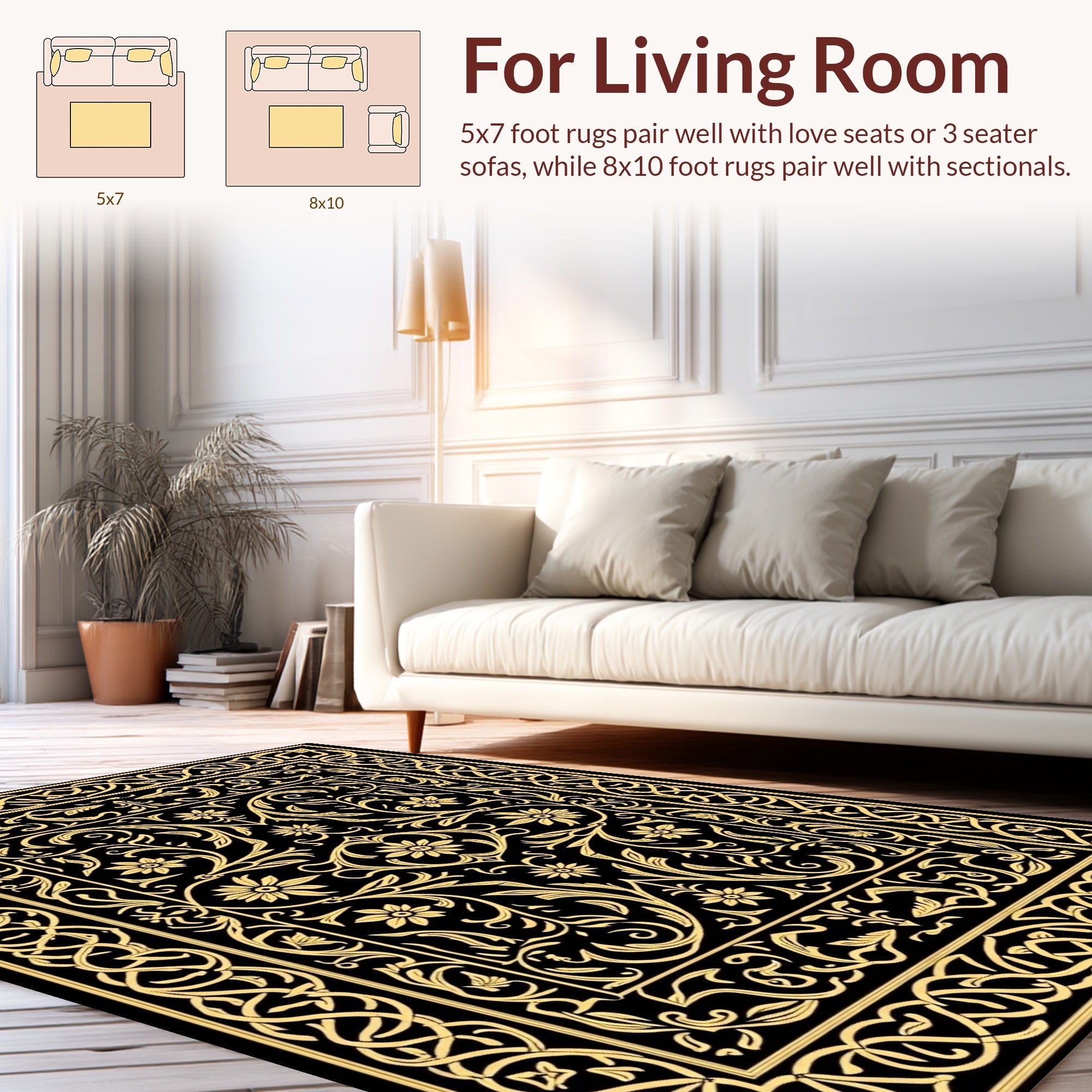 Black Gold Ornate Floral Design Rug