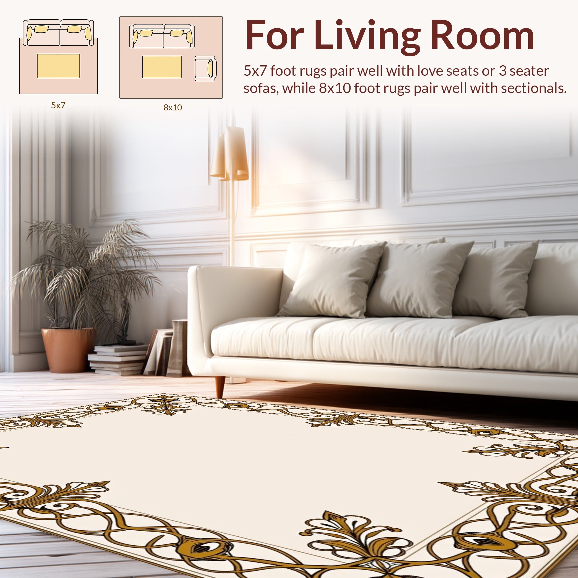 Intricate Golden Floral Vine Frame Rug