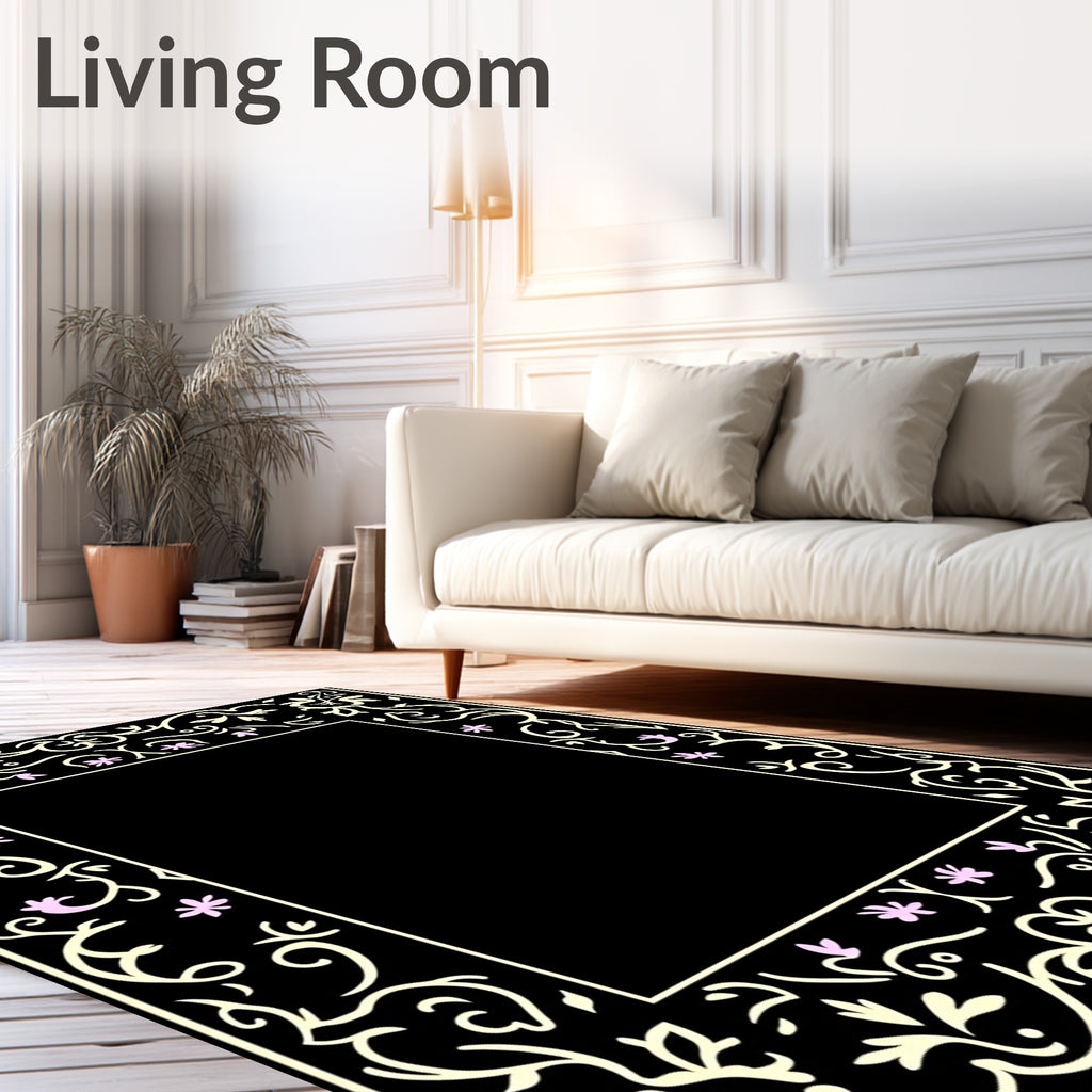 Black Floral With Pink Flower Accents Rug