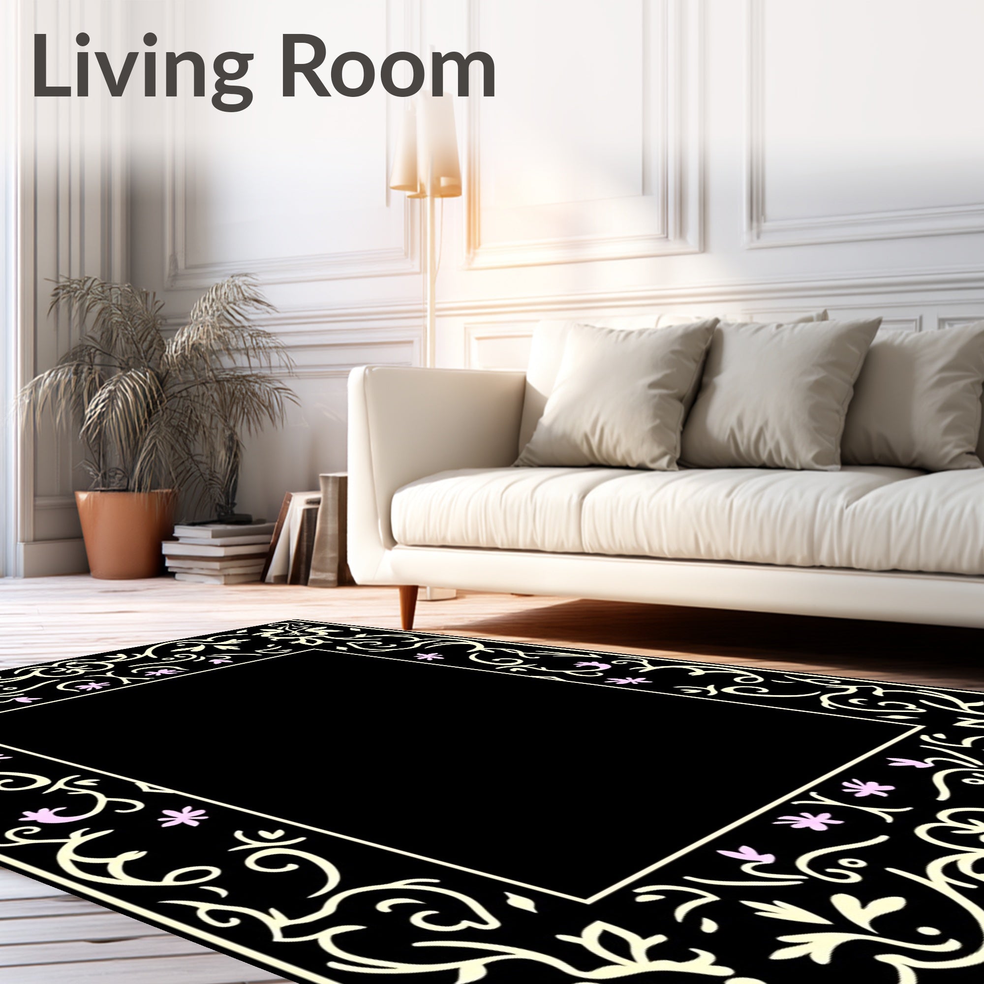 Black Floral With Pink Flower Accents Rug