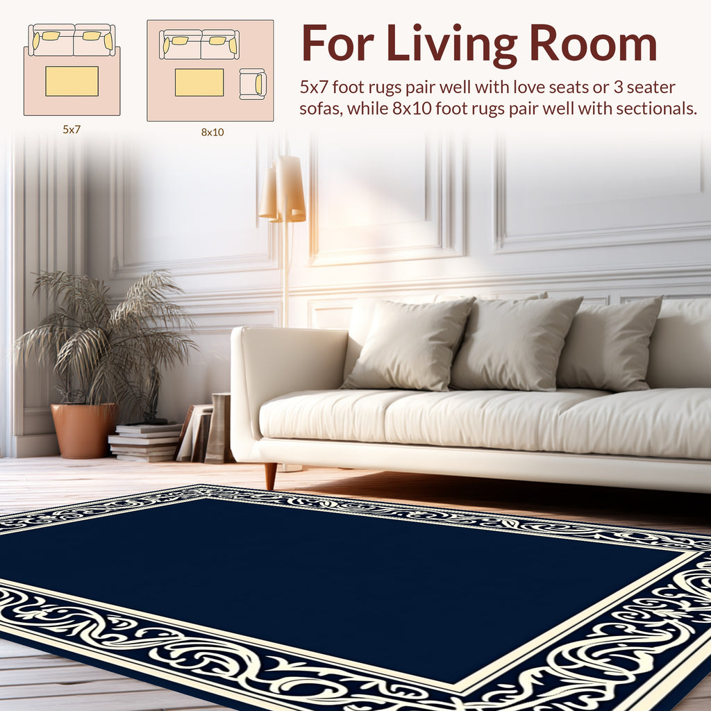 Elegant Ivory Scrollwork Border Rug