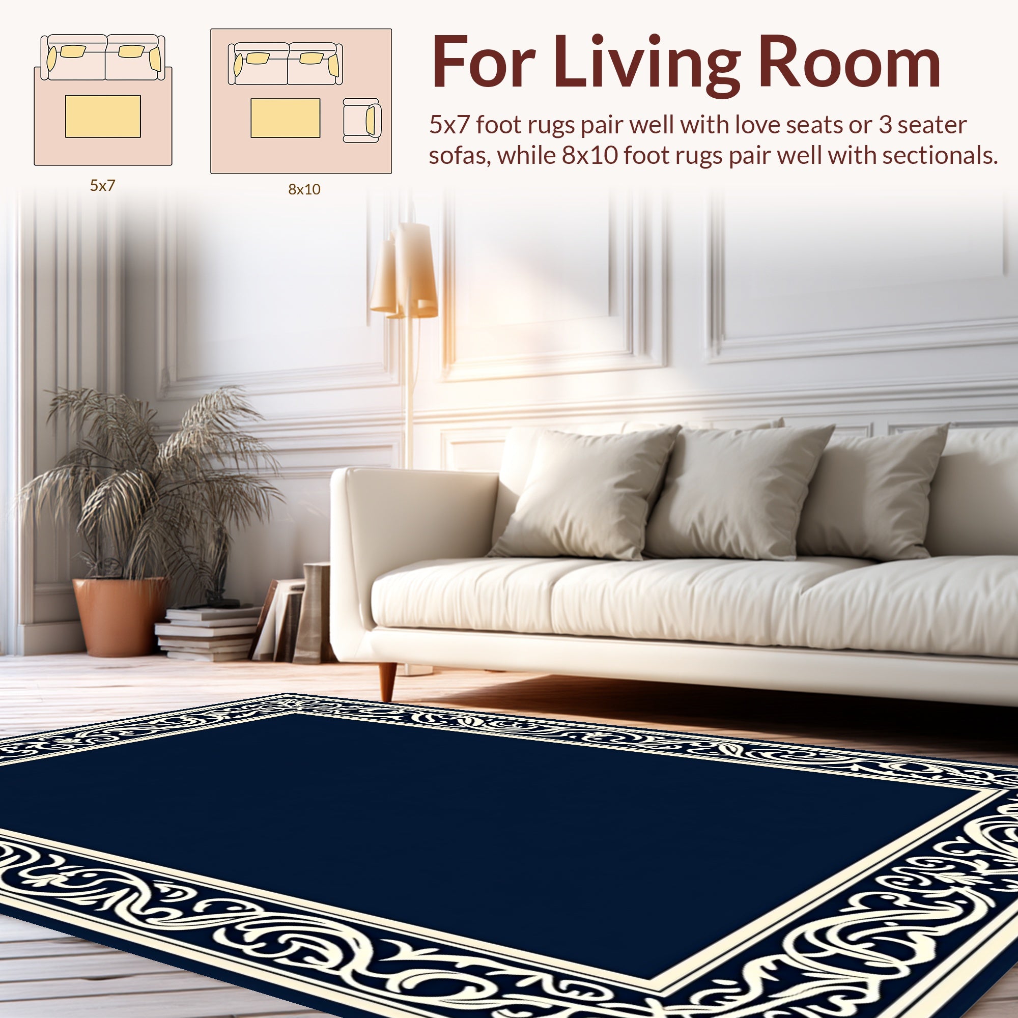 Elegant Ivory Scrollwork Border Rug