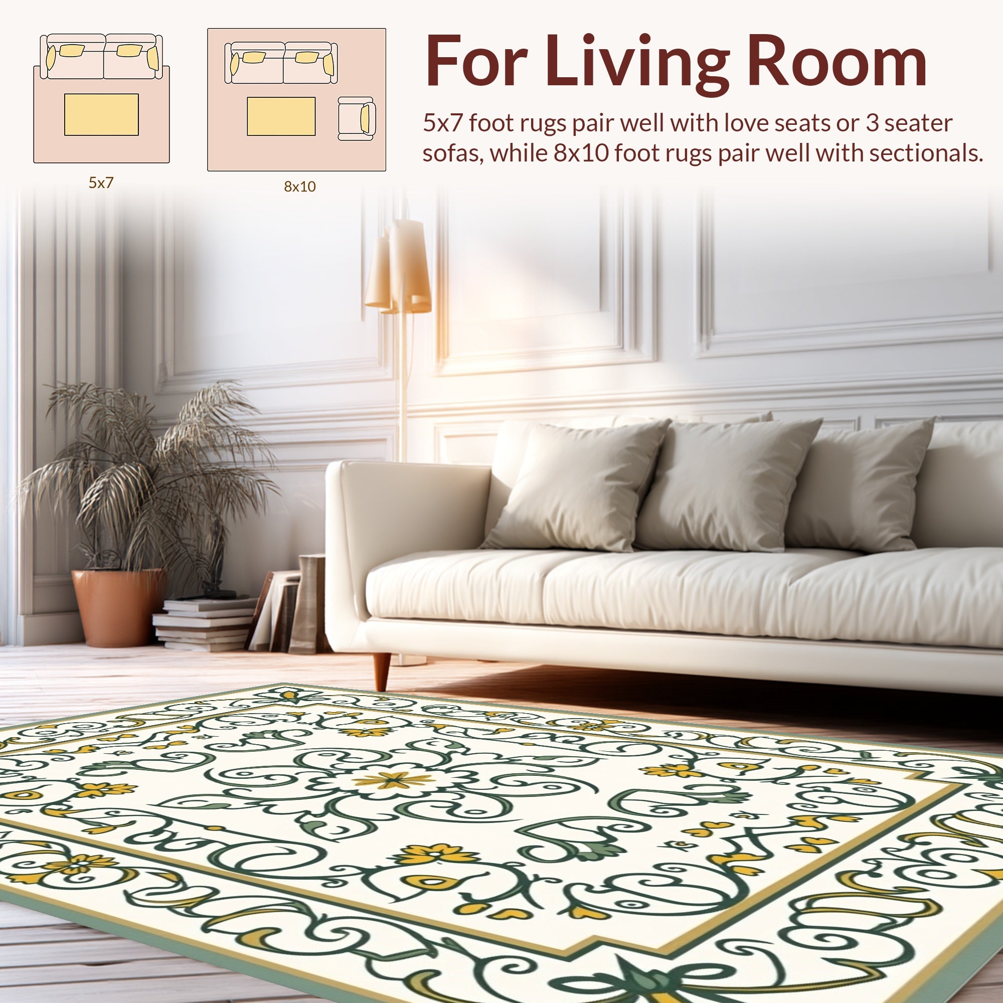 Ornate Green Yellow Floral Scroll Rug