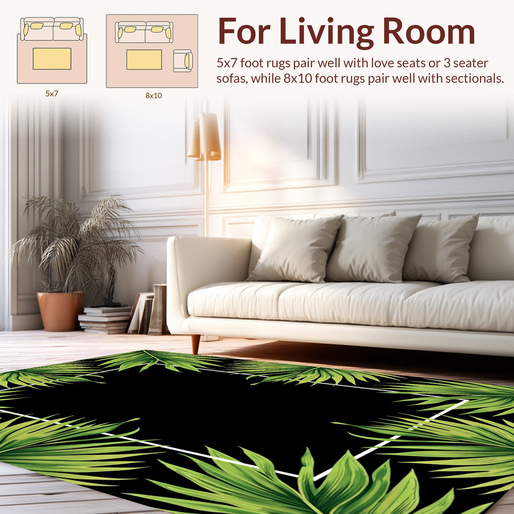 Lush Green Palm Leaf Tropical Border Rug