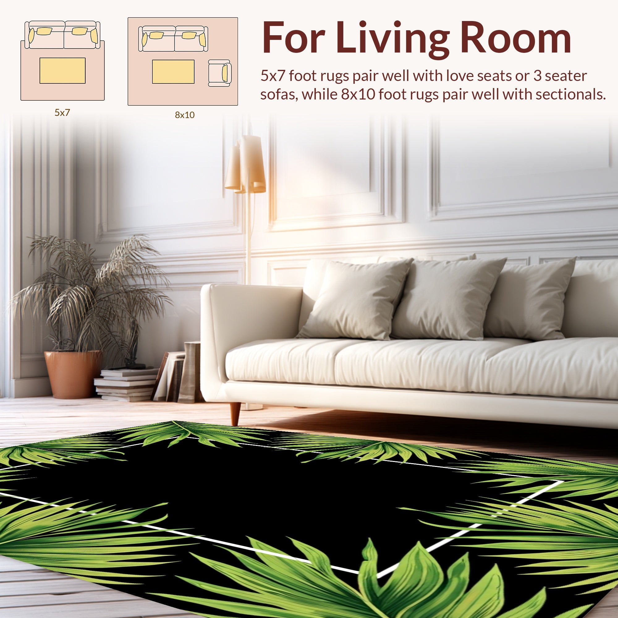 Lush Green Palm Leaf Tropical Border Rug