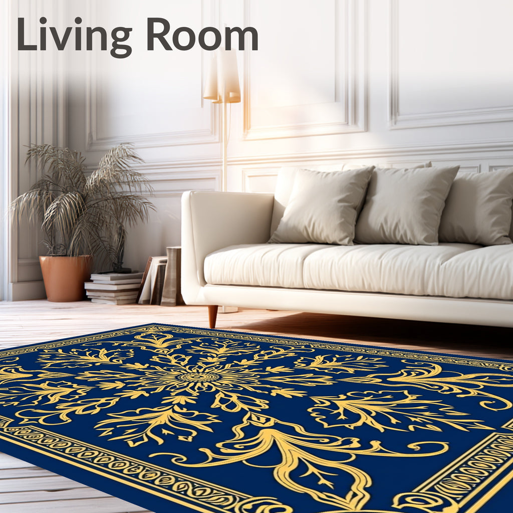 Navy Golden Floral Medallion Rug