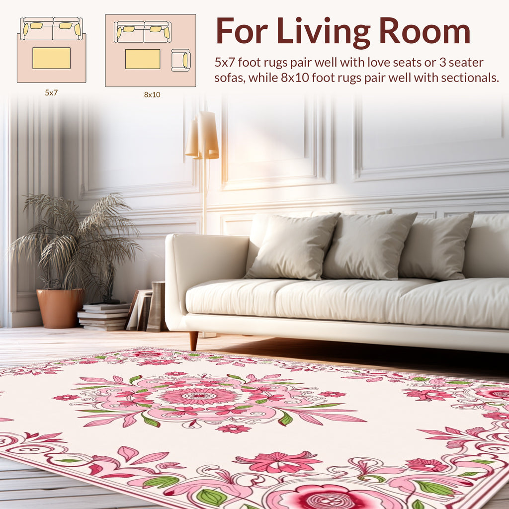 Pink Floral Garden Mandala Design Rug